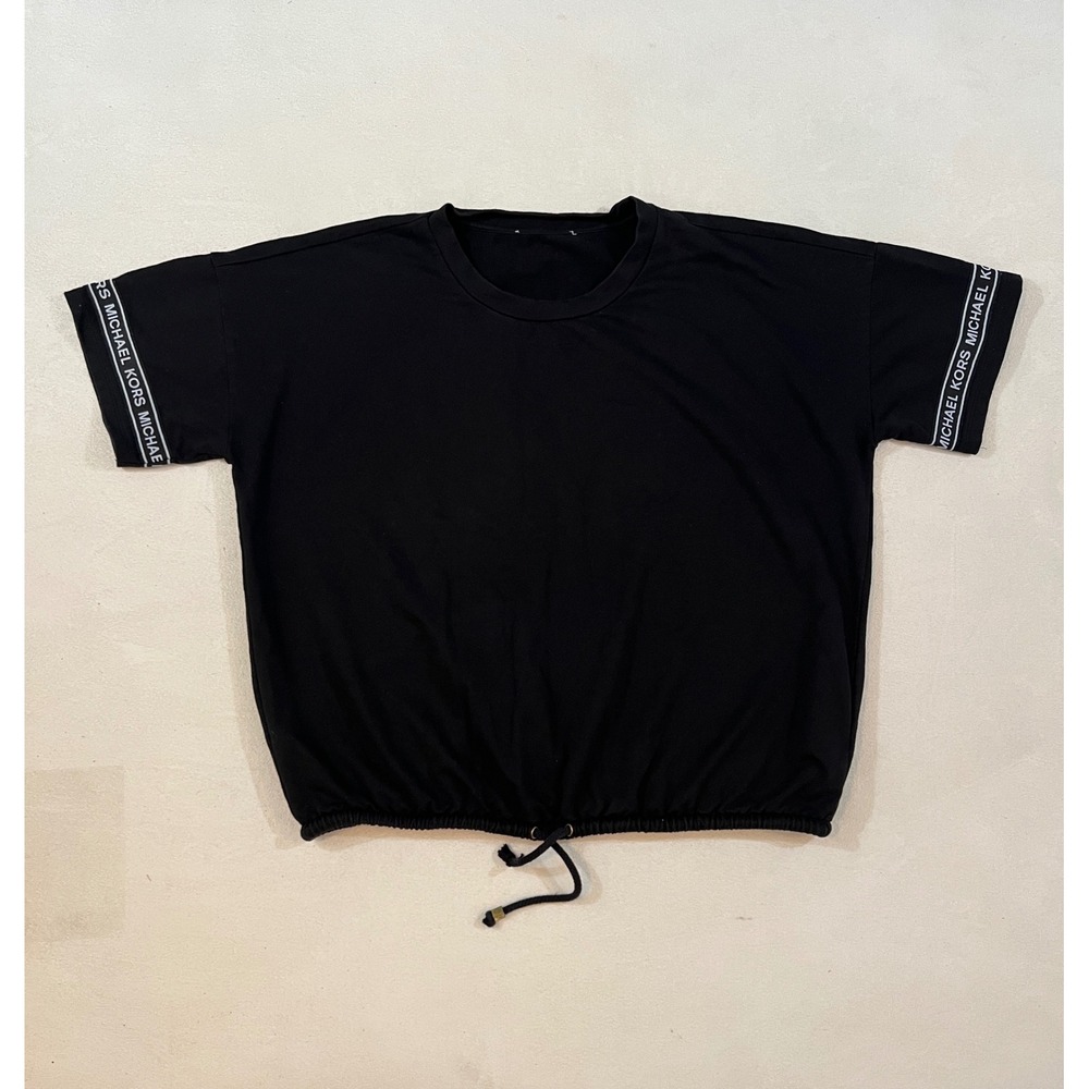 Michael Kors Womens Black Logo Tape Sleeve Drawstring Hem Top QU150F78WY Size L